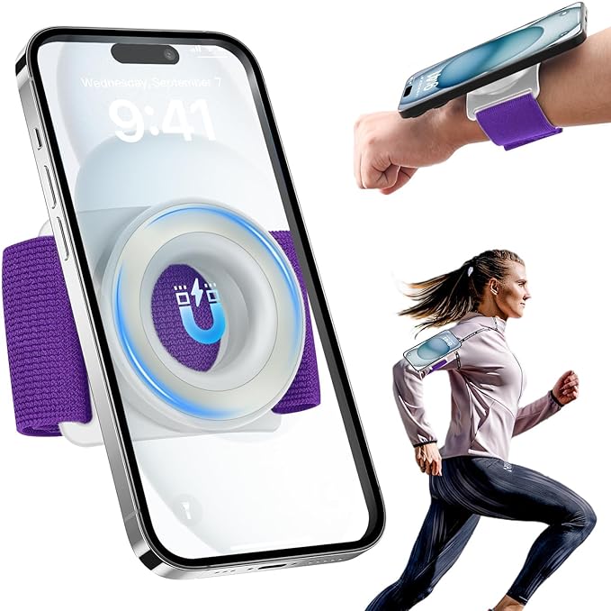 TOPGO Running Phone Holder for iPhone [360° Rotatable & Upgrade Anti-Drop] Magnetic Wrist Phone Holder, Magsafe Armband Compatible with iPhone 16 Pro and Android - Purple-StrideForce Fitness