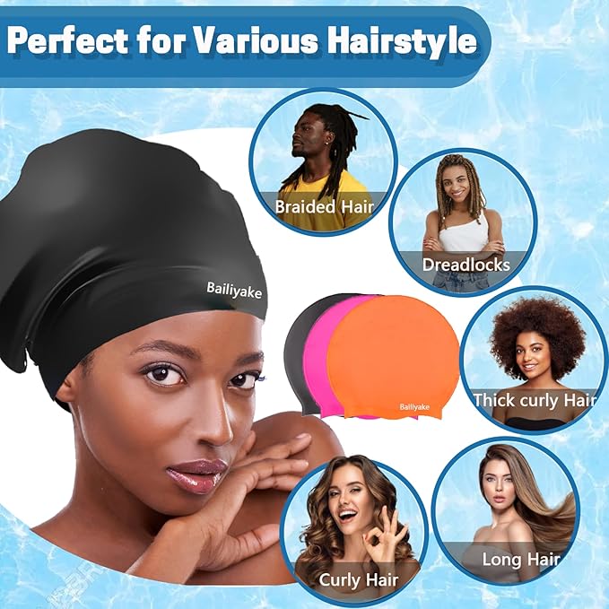 3 Pack Extra Large Swim Cap for Braids & Dreadlocks - Waterproof Silicone Swim Hat for Women with Long Thick Hair, Protective Swim Cap Cover Ears for Swimming, Shower, Bathing-StrideForce Fitness