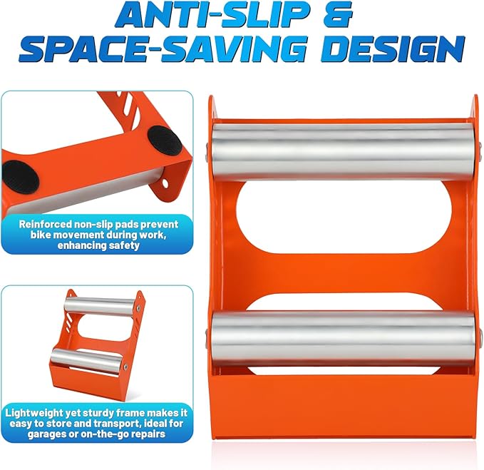 Motorcycle Wheel Cleaning Stand Universal Wheel Roller Stand for Tire Cleaning & Chain Lubrication Heavy Duty Paddock Stand for Street Bike (Motorcycle < 700 LB & Tire Width <260 mm) Orange-StrideForce Fitness