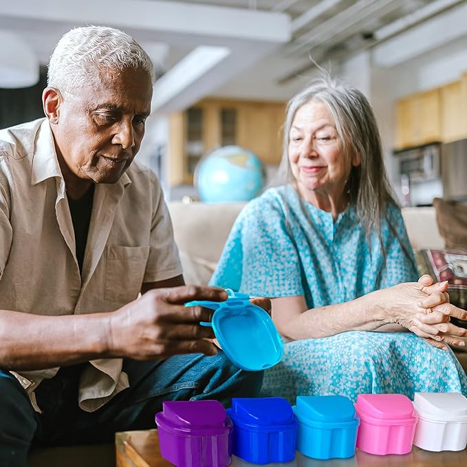 Keedolla Denture Cup Orthodontic Retainer Case, Denture Bath Box Dental Mouthguard Case Cleaning with Brush, Strainer Basket and Lid Waterproof - Blue
