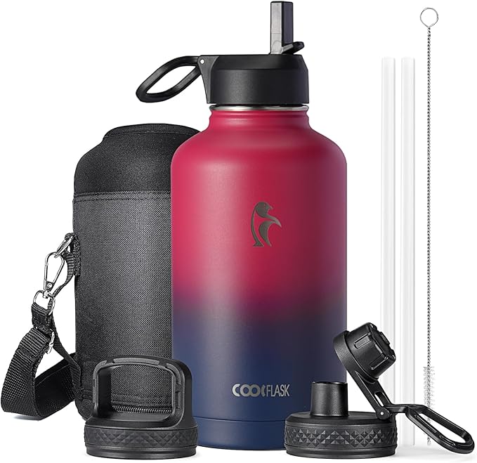 Half Gallon Water Bottle Insulated with Straw & 3 Lids, Coolflask 64 oz Water Jug Large Metal Stainless Steel Wide Mouth for Sports, Gym or Office, Non-BPA Keep Cold 48H Hot 24H, Ombre Wine/Navy-StrideForce Fitness