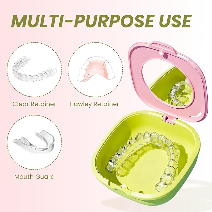 Retainer Case with Mirror and Vent Holes, Cute Slim Aligner Case Compatible with Invisalign, Magnetic Closure Orthodontic Case for Retainers and Mouth Guards (Pink & Yellowish Green)