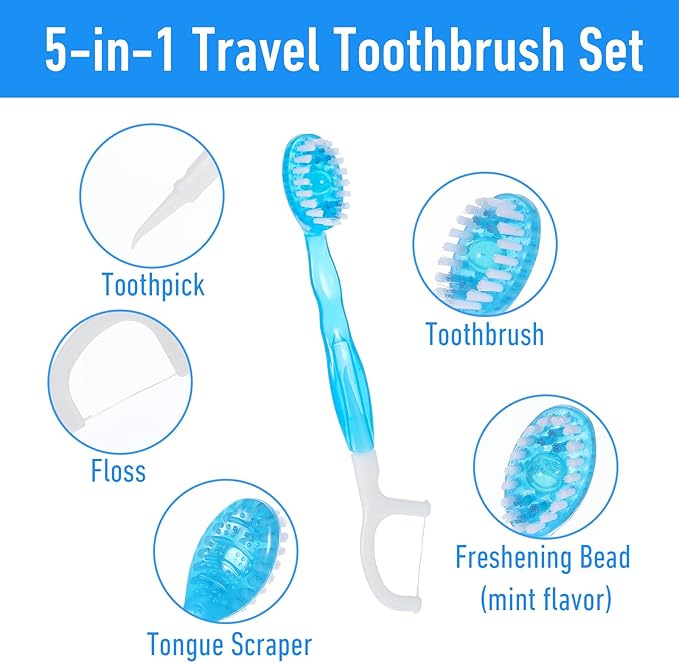 40 Pack Disposable Mini Travel Toothbrushes Bulk 5-in-1 Portable Pre-Pasted Travel Toothbrush with Toothpaste Tongue Scraper Floss Pick, Individually Wrapped for Traveling for Adults Kids