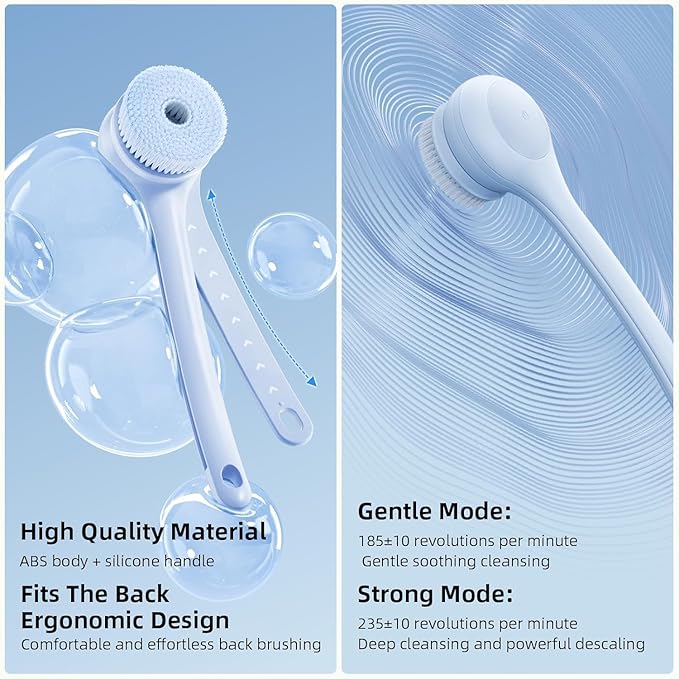 Electric Body Brush Back Scrubber for Shower, Waterproof Long Dual Handle Power Body Scrubber with 3 Heads, Rechargeable Bath Brush & 2 Speeds, for Cleansing, Exfoliating and Massaging Skin-StrideForce Fitness