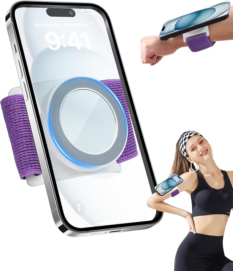 TOPGO Magnetic Running Phone Holder for iPhone, HD Mirror & Extendable Anti-Drop Rope for Gym/Yoga, 360° Rotatable Wrist Phone Holder, Fits iPhone 16 Pro & Android (Purple, 2 Straps)-StrideForce Fitness