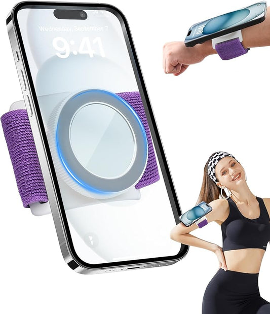 TOPGO Magnetic Running Phone Holder for iPhone, HD Mirror & Extendable Anti-Drop Rope for Gym/Yoga, 360° Rotatable Wrist Phone Holder, Fits iPhone 16 Pro & Android (Purple, 2 Straps)-StrideForce Fitness