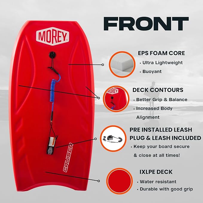 MOREY® Cruiser, The Original Bodyboard; 42.5 in Full Size Body Boards for Beach, for All Skill Levels, Engineered with HDPE Slick Bottom for Speed, Front Deck Contours for Grip (2025 Model)-StrideForce Fitness