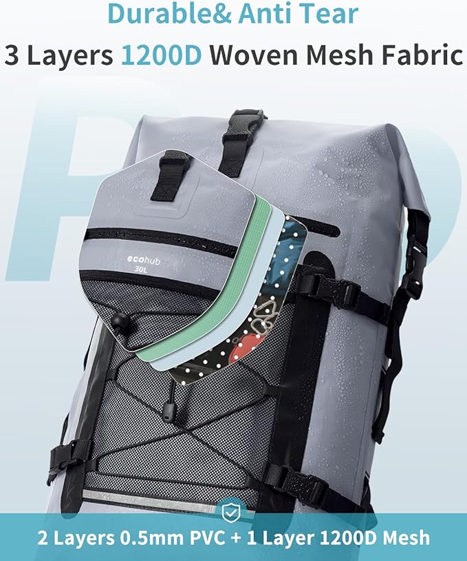 ECOHUB Waterproof Backpack for Women Men, 30L Roll-Top Closure Heavy Duty Dry Bag for Travel with IPX8 Waterproof Phone Case-StrideForce Fitness