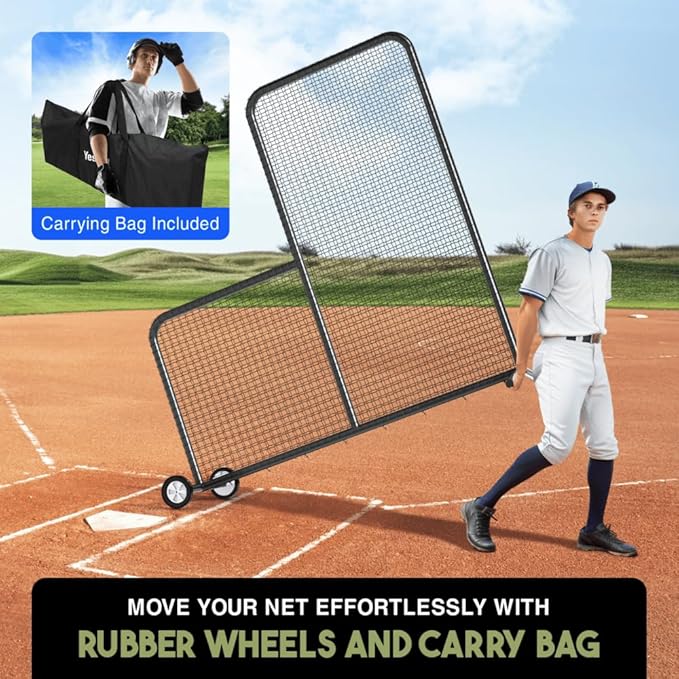 Yes4All Portable L-Screen Baseball 7x7ft with 2 Baseballs, Rubber Wheels - L Screen Baseball for Batting Cage, Protective Pitching Screen Net Double Layers, Carry Bag Included-StrideForce Fitness