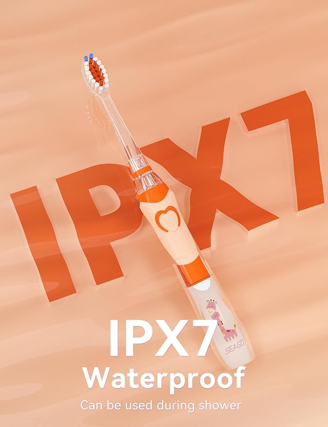 SEAGO Kids Electric Toothbrush with 2 Mins Brushing Timer and 4 Replacement Bursh Heads, Rainbow LED Light Make Brushing Fun, Boys Battery Powerd Toothbrush for 4-12 Years Old，SG-977(Orange)