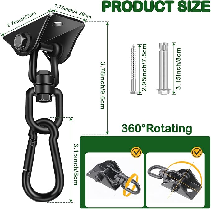 Hammock Hanging Kit 2 Pack, Porch Swing Hanging Kit 1200 Lb Capacity, Hammock Ceiling Hooks Heavy Duty 360°Rotating Hanging Swing Chair Hardware for Hammock Chair Stand, Porch, Yoga, Gym-StrideForce Fitness