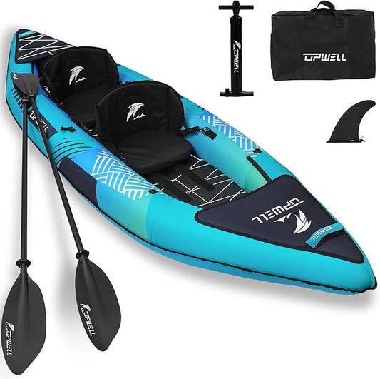 UPWELL 13'6”/11' Inflatable Recreational Kayak - 2 Person with Drop Stitch Floor and Accessories Including Kayak Seats with High Back Support, Paddle, Fin, Repair Kits, Carry Bag and Hand Pump-StrideForce Fitness