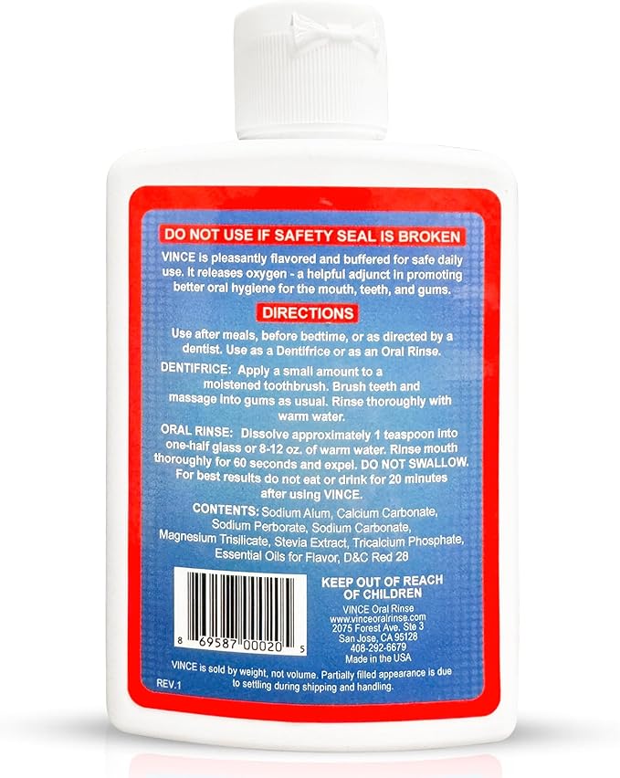 Vince Gum and Mouth Powder - Daily Use Dentifrice - Oxygenating Bubbles - Bad Breath - Gingivitis - Irritated Bleeding Gums - Canker Sore - Inflammation - Wounds - Cleanse & Refresh - 4oz (Pack of 2)