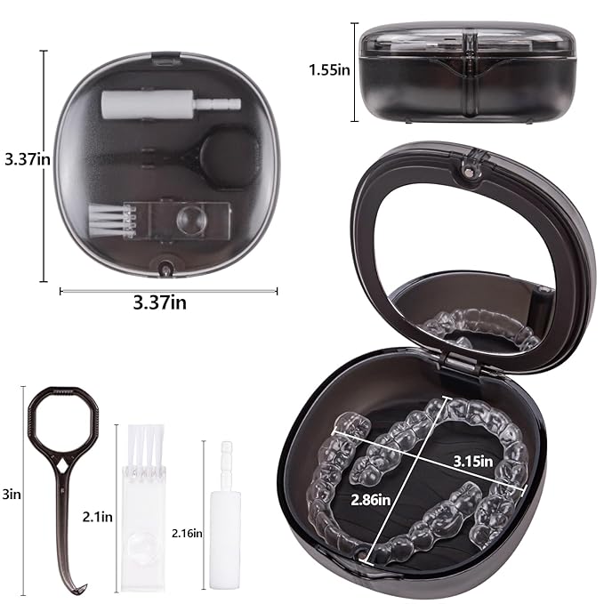 Dental Retainer Box Case Orthodontic Retainer Container with Removal Tool, Chew and Travel Brush, Double-layer Mouth Guard Holder Container Case with Mirror - Transparent Black