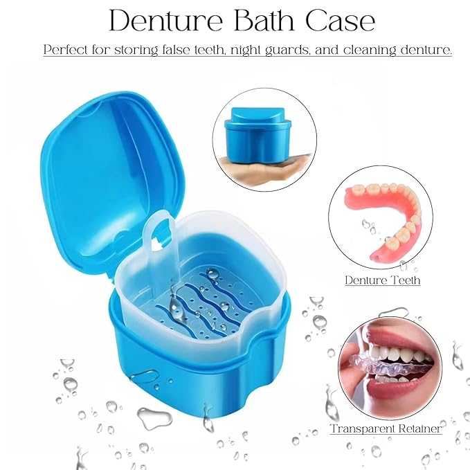 5PCS Denture Bath Case Cup Kit Denture Brush Kit Denture Cleaning Tools with 3 Denture Brushes and 2 Denture Storage Cases with Strainer Basket and Lid, Light Blue and White