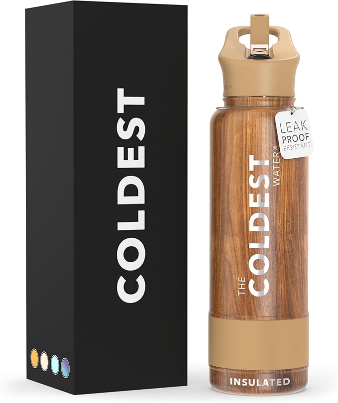 Coldest Insulated Water Bottle with Straw Lid - Stainless Steel Metal Insulated Bottle for Men & Women (Executive Wood, 40 oz)-StrideForce Fitness