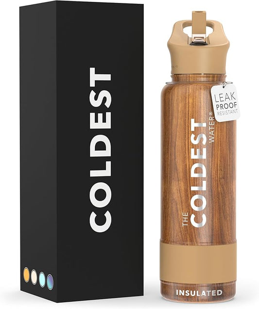 Coldest Insulated Water Bottle with Straw Lid - Stainless Steel Metal Insulated Bottle for Men & Women (Executive Wood, 40 oz)-StrideForce Fitness