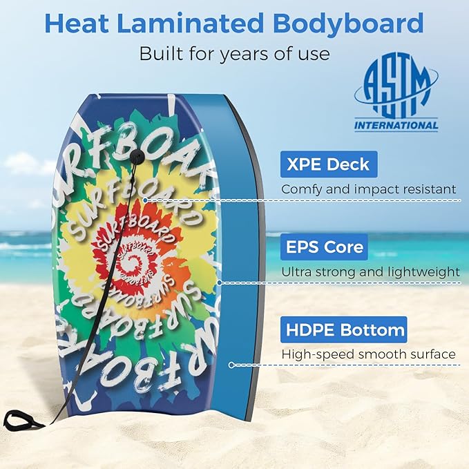 Goplus 41''/37''/33'' Lightweight Body Board for Beach, Surf Board with EPS Core, XPE Deck, HDPE Slick Bottom, Wrist Leash, Bodyboard for Kids Adults Surfing-StrideForce Fitness