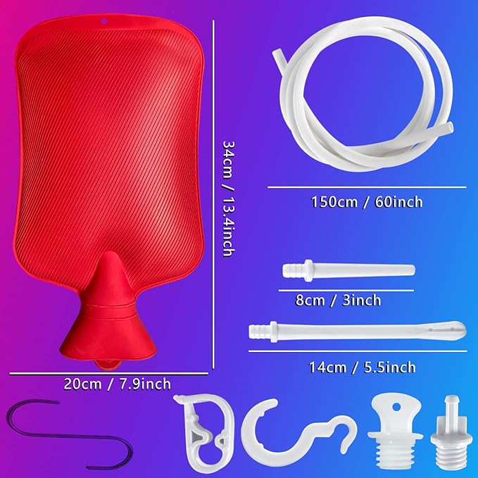 2L Home Enema Bag Kit with 2 Tips, 60 Inch Silicone Hose, Controlable Flow Valve, Hot-Water Bottle for Colon Cleansing (Red)-StrideForce Fitness