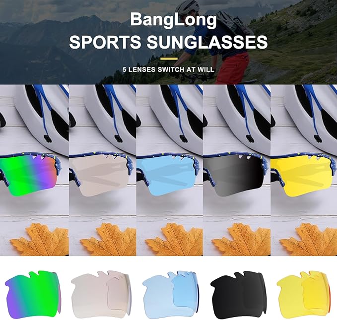 BangLong Polarized Sports Sunglasses Cycling Sun Glasses for Men Women with 5 Interchangeable Lenes for Running Baseball Golf-StrideForce Fitness