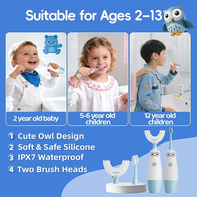 Kids Electric Toothbrush，360-Degree Sonic Vibration, IPX7 Waterproof,Toddler U Shaped Toothbrush with 2 Soft Brush Head,Cute Owl Design Baby Toothbrush for Ages 8–13（Blue）