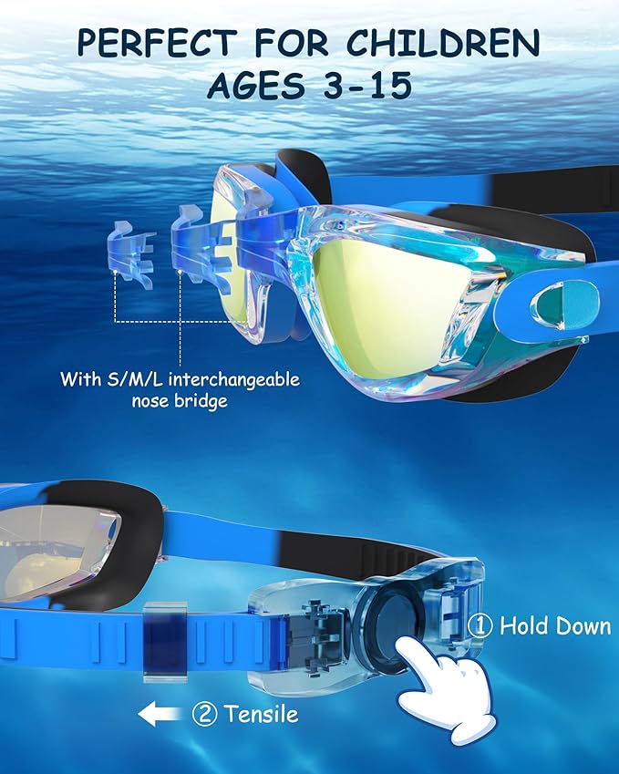 Kids Swim Goggles, Swimming Goggles for Kids Toddlers 3-14 with Swim Cap, Nose Clip, Nose Bridge, Ear Plugs-StrideForce Fitness