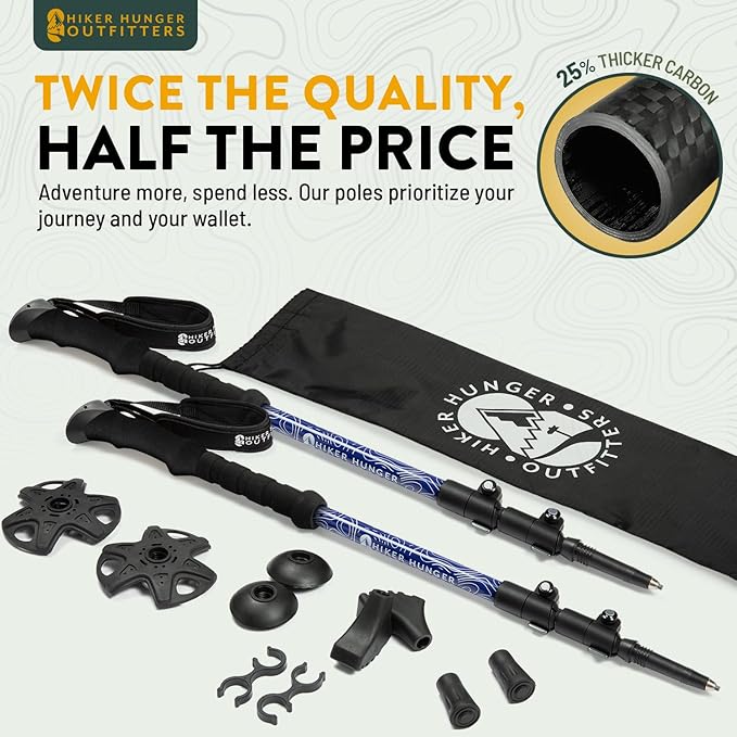 100% Carbon Fiber Trekking Poles by USA Brand - Ultra Strong Lightweight Collapsible Hiking Poles with Cork and EVA Foam Grips & Quick Adjustable Flip Locks-StrideForce Fitness