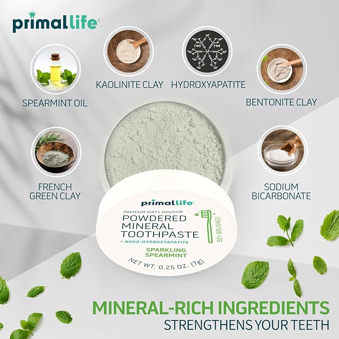 Primal Life Organics Dirty Mouth Toothpowder, Tooth Cleaning Powder, Flavored Essential Oils, Hydroxyapatite, Natural Kaolin, Bentonite Clay, USE: 60+ Brushings, Paleo, Organic, Vegan Spearmint 0.25oz