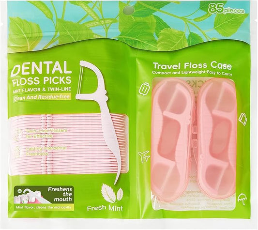 Pink Mint Dental Floss Picks, 2 Portable Travel Cases (10 Picks) + 65 Refills, Double-Line Flossers for Tight Teeth, Fresh Breath, Plaque Removal, BPA-Free, On-The-Go Oral Care