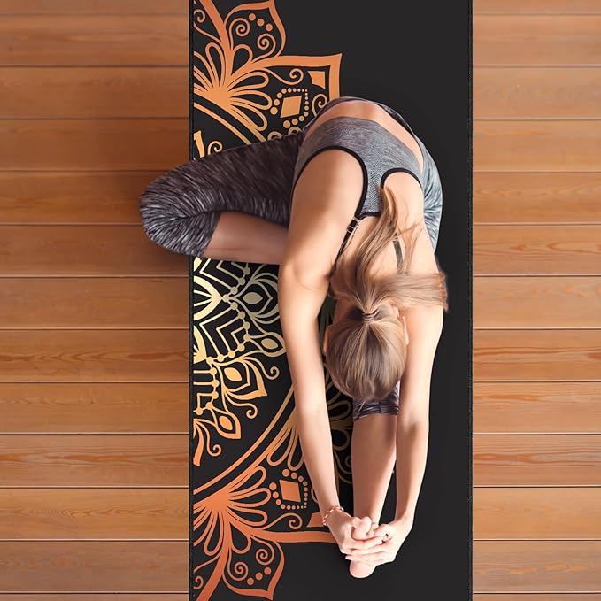 QiyI Yoga Mat Towel with Corner Pockets, Non Slip Sweat Absorbent Hot Yoga Towels, Soft Yoga Blankets with Travel Bag, Skidless Mat Cover for Workout, Gym, Fitness - 70"x26", Luxury Golden Mandala-StrideForce Fitness