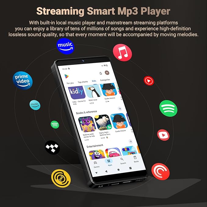 128GB MP3 Player with Bluetooth and WiFi, Android 13.0, 5.5" HD Touchscreen, 13MP Camera, Preloaded Spotify, Pandora, 1TB Expandable & Parental Controls Black-StrideForce Fitness