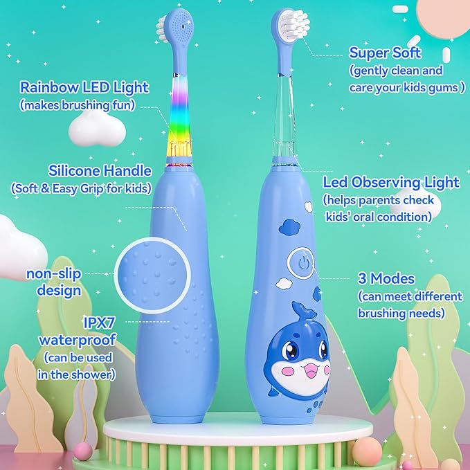 SEAGO Kids Electric Toothbrushes Rechargeable, Toddler Electric Toothbrush with Magnetic Charging, LED Observing Light, 8 Toothbrush Heads for Ages 2-4-6 Boys Girls (Navy Blue)