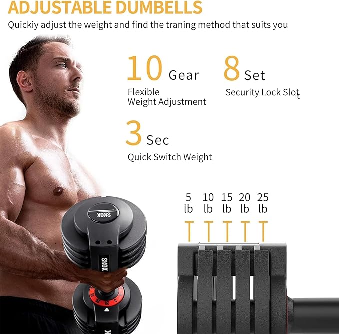 SKOK 25/55 lbs Pair Adjustable Dumbbells Set, Adjustable Weights Dumbbells Set for Men and Women with Anti-Slip Fast Adjust Weight by Turning Handle,Black Dumbbell with Tray-StrideForce Fitness