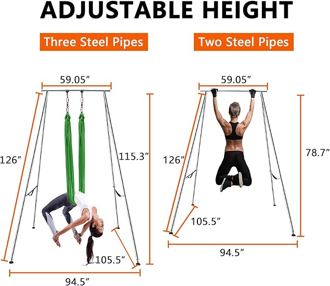 TECSPEC 9.6 FT/115.3 Inch Adjustable Height Aerial Yoga Frame & Hammock, Professional Swing Stand with 18 FT/33FT Aerial Silk, 550lbs Max Capacity-StrideForce Fitness
