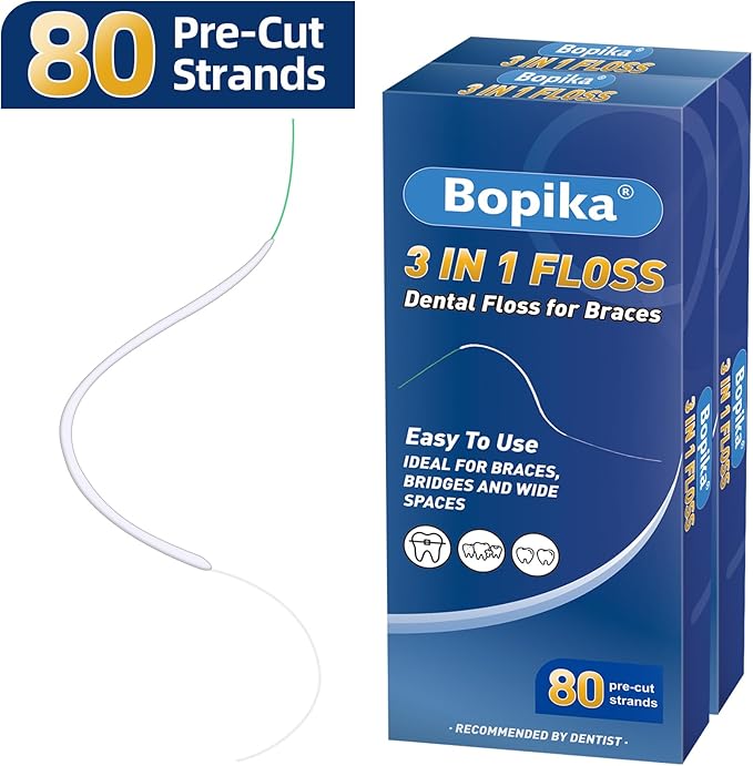 Bopika Dental Floss for Braces, 3 in 1 Ultimate Floss, Floss Threaders for Bridges and Implants, 80 Pre-Cut Strands (Pack of 2)