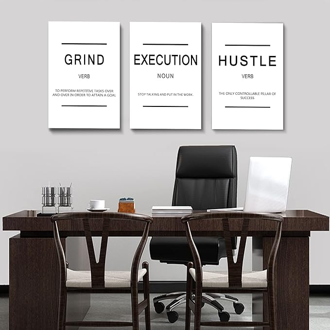Framed Canvas Wall Art Success Quote, Office Wall Art, White Large Poster, Positive Motivational Set of 3 Prints, Grind Execution Hustle Poster, Inspirational Print-StrideForce Fitness