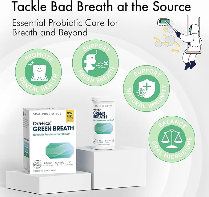 OraTicx Oral Probiotics Green Breath, Freshen Bad Breath, Dental Probiotic Supplement for Oral Health, 8 Billion CFU, Mint Flavor 30 Lozenges 2-Pack