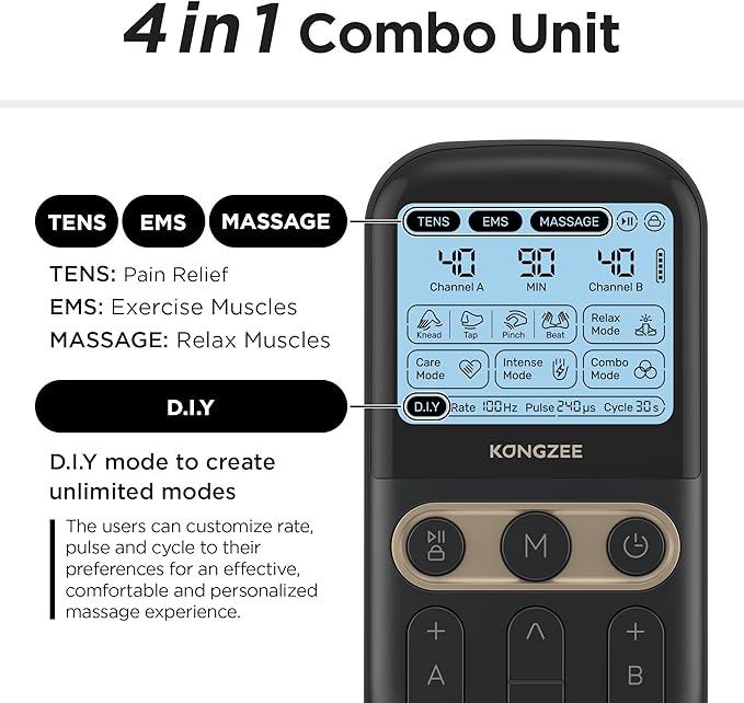 4 in 1 - D.I.Y & Tens Unit & EMS & Massage Muscle Stimulator, Dual Channel TENS Units Therapy Machine for Pain Relief, FDA Cleared Rechargeable Electronic Pulse Massager,with 12pcs Electrode Pads-StrideForce Fitness