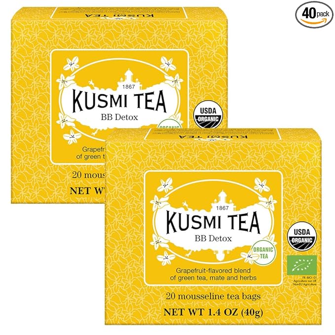 Kusmi Tea - Pack of 2 Boxes of Tea Bags - BB Detox - Iconic Detox Tea - 100% Organic - Blend of Green Tea, Mate & Grapefruit - Organic Flavored Yerba Mate - 2x20 Tea Bags-StrideForce Fitness