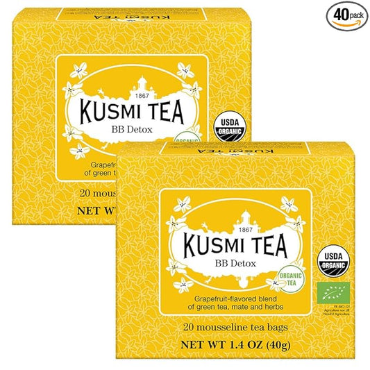 Kusmi Tea - Pack of 2 Boxes of Tea Bags - BB Detox - Iconic Detox Tea - 100% Organic - Blend of Green Tea, Mate & Grapefruit - Organic Flavored Yerba Mate - 2x20 Tea Bags-StrideForce Fitness