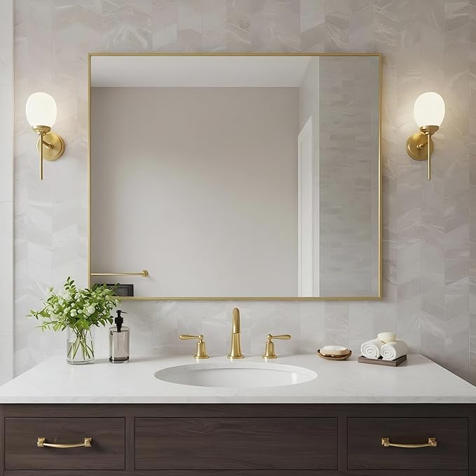 24x32 Inch Brass Bathroom Mirror for Wall, Aluminum Frame Rectangle Rectangular Vanity Mirror, Modern Large for Bedroom, Living Room, Horizontal or Vertical-StrideForce Fitness