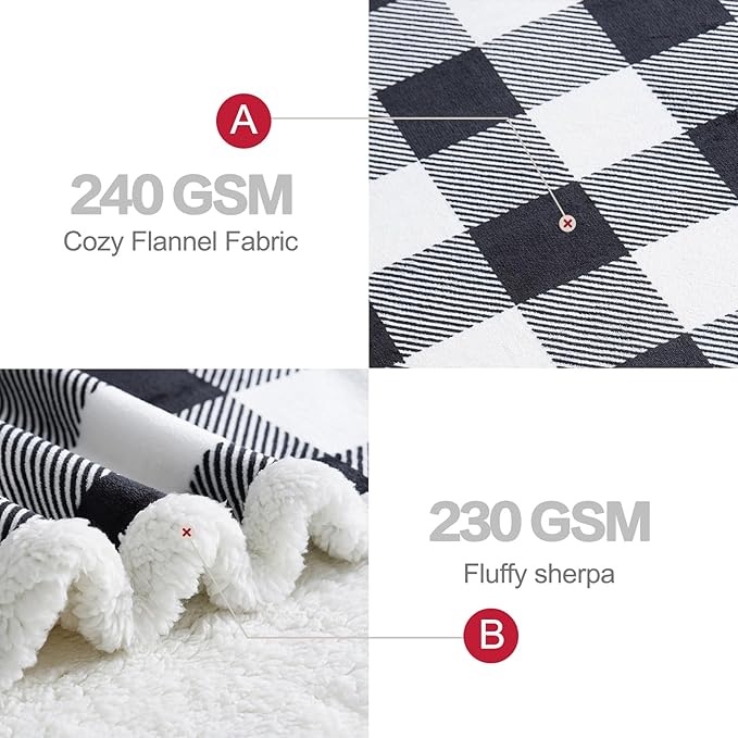 PU MEI Sherpa Fleece Throw Blanket 60" x 80" Reversible Plush Fluffy Large Big Blanket Lattice Flannel Blankets for All Season Use, Black and White-StrideForce Fitness