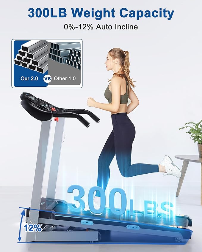 Treadmill with Auto Incline - 300 lb Capacity, 3.0HP Folding Electric Treadmill Up to 8.5 MPH Speed, Running Machine with 17.5" Wide Tread Belt and Bluetooth Speaker for Home Use-StrideForce Fitness