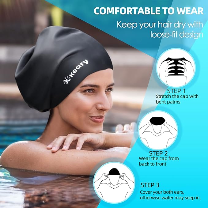 Keary Extra Large Swim Cap for Braids and Dreadlocks Extensions Weaves Long Hair, Waterproof Silicone Cover Ear Bath Pool Shower Swimming Cap for Adult Youth to Keep Hair Dry, Easy to Put On and Off-StrideForce Fitness