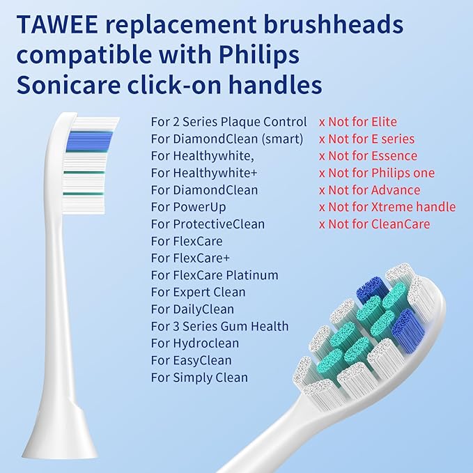 TAWEE Electric Toothbrush Replacement Heads Compatible with Philips Sonicare Click-On Handles Medium Soft End-Rounded Bristles for Plaque Control Travel case10 Pack
