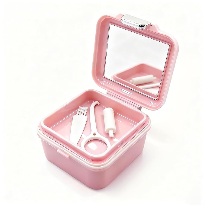 Denture Case Kit, Retainer Cleaning Case False Teeth, Retainer Cleaning Denture Bath Cup with Mirror Use in Denture Bridges, Denture Soaking Container, Traditional Braces for Travel （Pink）