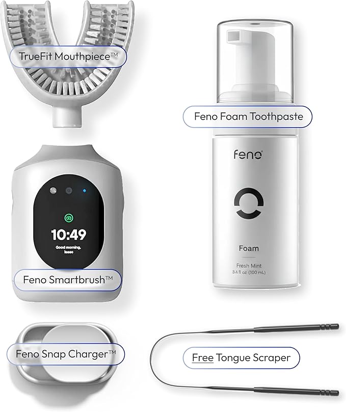 Feno Smartbrush Founders Edition Plus – AI-Powered Electric Toothbrush with Personalized Mouthpiece, 3 Tubes Foam Toothpaste, Tongue Scraper & 12-Month Plus Subscription
