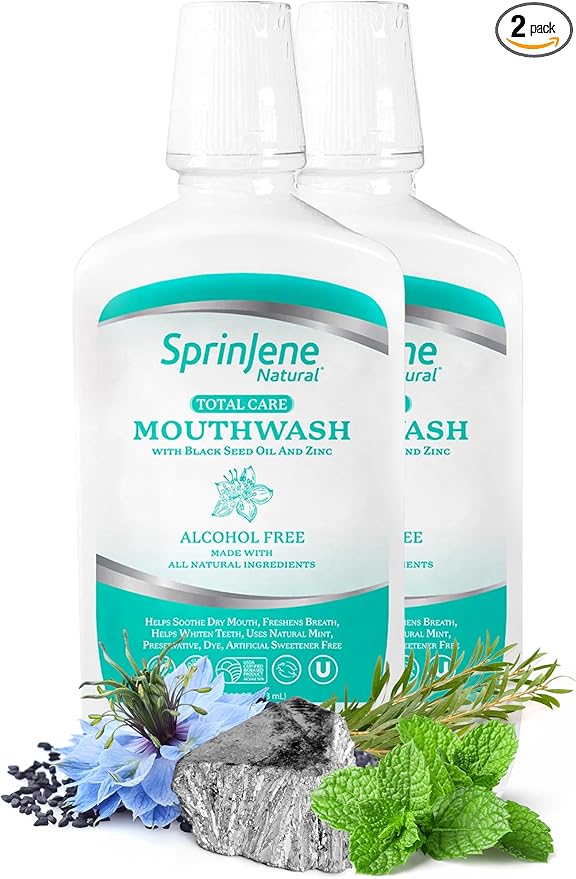 SprinJene Alcohol Free Mouthwash with Xylitol – Fluoride Free Natural Mouthwash for Dry Mouth, Whitening & Fresh Breath – Patented Black Seed Oil & Zinc Formula – Vegan & Made in The USA (2 Pack)