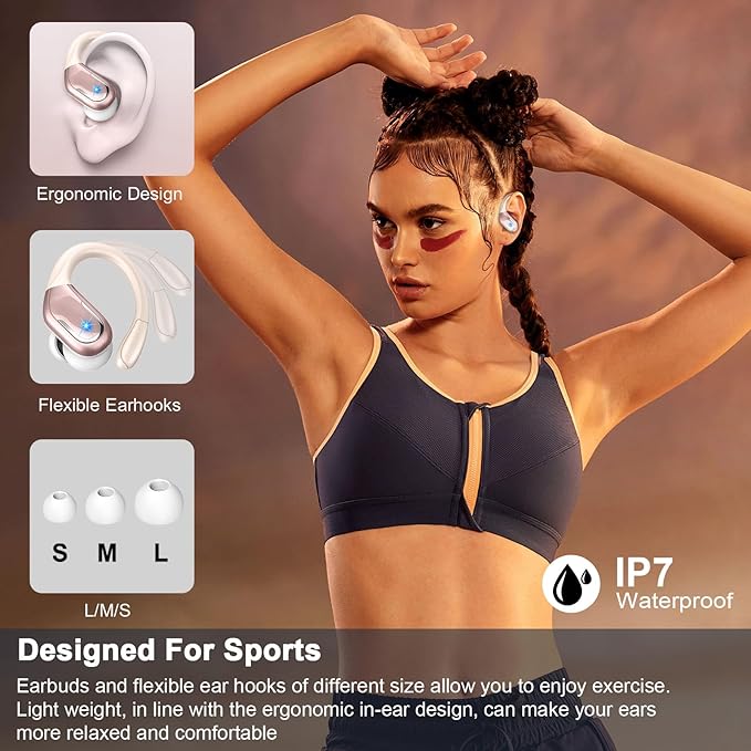 Wireless Earbud, 75H Bluetooth 5.4 Headphones Sport IP7 Waterproof, Running Wireless Earphones with ENC Noise Canceling Mic, 3D Bass Over Ear bud with Earhooks for Android, iOS, Workout, Gym, Rosegold-StrideForce Fitness