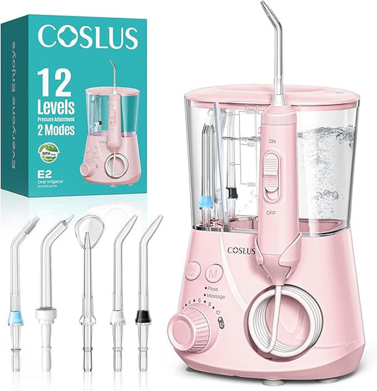 COSLUS Advanced Water Flosser for Teeth: 2 Modes & 12 Pressure Settings Electric Dental Pick for Orthodontic, Braces, Sensitive Gums - Home Use, 5 Jet Tips for Multiple Users, Family, Pink, E2